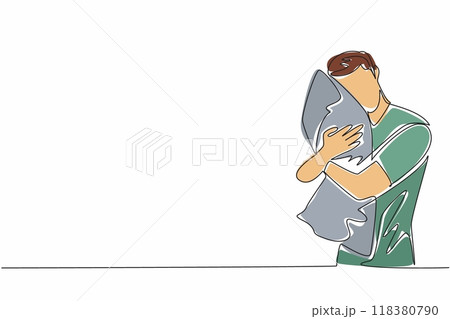 Single continuous line drawing a man hugging a pillow. Feeling very sleepy. Move to the bedroom and continue sleeping. Wishing the sweet dream. World Sleep Day. One line design vector illustration Single continuous line drawing a man hugging a pillow. Feeling very sleepy. Move to the bedroom and continue sleeping. Wishing the sweet dream. World Sleep Day. One line design vector illustration 118380790