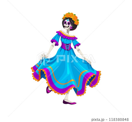Cartoon mexican day of the dead dia de los muertos Catrin character. Skeleton dancer woman personage dressed in a bright blue dress with floral wreath, symbolizing cultural heritage and festive spirit 118380848