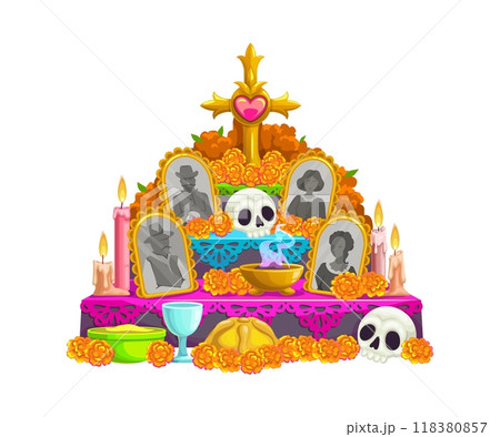 Mexican cartoon day of the dead dia de los muertos ofrenda altar adorned with traditional offerings, like marigold flowers, candles, skulls, food, golden cross and framed photos of deceased ancestors 118380857