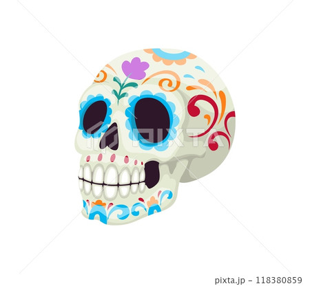 Cartoon day of the dead dia de los muertos sugar calavera skull decorated with floral pattern. Isolated vector cranium calaca head captures festive spirit, remembrance, honor and cultural significance Cartoon day of the dead dia de los muertos sugar calavera skull decorated with floral pattern. Isolated vector cranium calaca head captures festive spirit, remembrance, honor and cultural significance 118380859