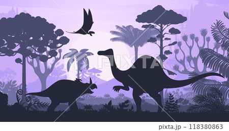 Prehistoric dinosaur silhouettes on sunset landscape in tropical jungle forest. Vector purple shadow scene of Jurassic era with dino animals and ancient flora with trees and ferns under a dusk sun sun 118380863