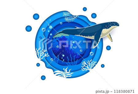 Sperm whale character at paper cut underwater landscape. 3d vector round layered papercut frame with giant cartoon whale animal in sea with seaweeds vegetation, fish shoal and bubble in the ocean 118380871