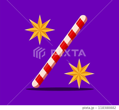 Percent symbol as candy cane with decorative stars. Merry christmas font, xmas alphabet, cartoon winter holiday type, festive typeface. Vector holiday season abc character, percentage sign or glyph 118380882