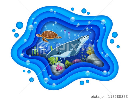 Seal and turtle animals on paper cut sea life banner. Underwater scene featuring marine life in the ocean depth teeming with vibrant coral, fish, and bubbles inside of 3d vector layered wavy frame Seal and turtle animals on paper cut sea life banner. Underwater scene featuring marine life in the ocean depth teeming with vibrant coral, fish, and bubbles inside of 3d vector layered wavy frame 118380888