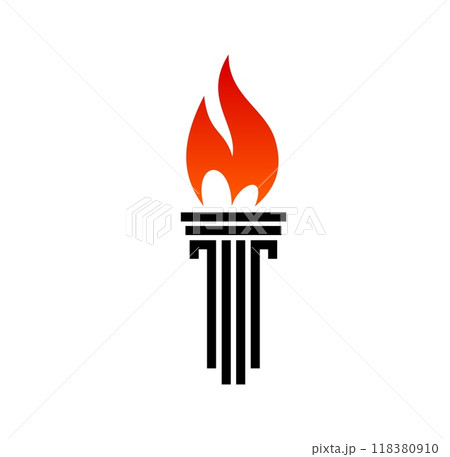 Torch flame icon. Victory and freedom, liberty and champion fire. Isolated vector emblem, symbolizing triumph, success, power, achievement and leadership. Red flame burning on a black torch handle 118380910