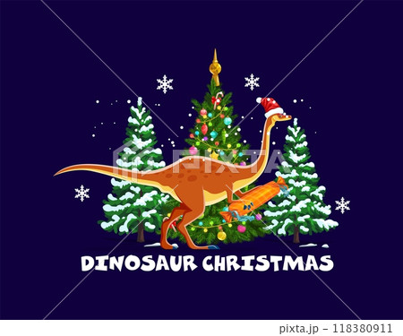 Dinosaur Christmas greetings, funny dino Santa with gift for winter holiday, cartoon vector. Jurassic dino lizard or happy dinosaur with Christmas pine tree, snowflakes and gift in candy wrapper 118380911
