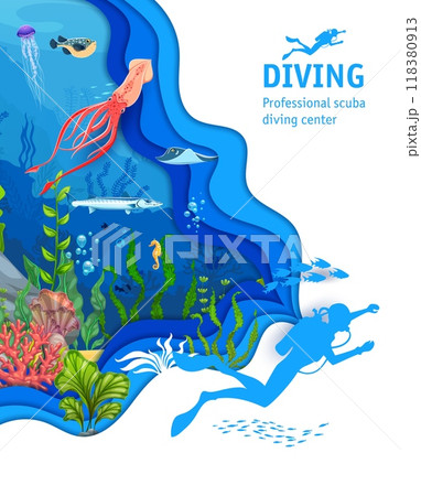 Scuba diving center poster with paper cut underwater landscape and silhouette of diver. Vector promo of professional scuba diving center with colorful coral reef, aquatic plants and sea creatures 118380913