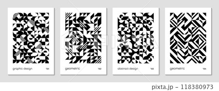 Monochrome abstract geometric poster templates featuring black and white pattern of shapes and lines, creating a modern and artistic aesthetic. Vector vertical cards or layouts with contemporary art Monochrome abstract geometric poster templates featuring black and white pattern of shapes and lines, creating a modern and artistic aesthetic. Vector vertical cards or layouts with contemporary art 118380973