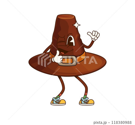 Cartoon groovy Thanksgiving pilgrim hat character exuding joy and retro charm. Isolated vector traditional headwear, brown cap personage convey a sense of celebration and autumnal holiday festivity 118380988