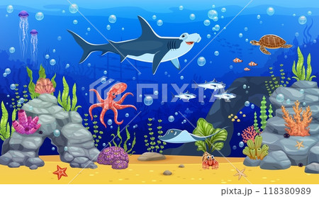 Underwater landscape with hammerhead shark, octopus and other sea animals and fish shoal amidst coral and seaweed. Cartoon vector ocean floor with diverse marine life, sunken ship, bubbles and rocks 118380989