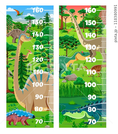 Kids height chart ruler with cartoon dinosaurs in a playful prehistoric landscape. Vector growth meter, wall sticker for children height measurement with funny dino characters and stadiometer scale Kids height chart ruler with cartoon dinosaurs in a playful prehistoric landscape. Vector growth meter, wall sticker for children height measurement with funny dino characters and stadiometer scale 118380991