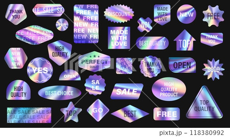 Hologram gradient stickers, y2k iridescent labels. Vector set of holographic patches or tags featuring various shapes and phrases, offer a retro and futuristic aesthetic for promotions and sales 118380992
