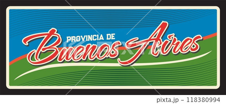 Buenos Aires, Argentine province vintage vector travel plate. Argentina province mount El Manchao landscape, tourist destination sign and sticker. Autonomous City of Buenos Aires scenery 118380994