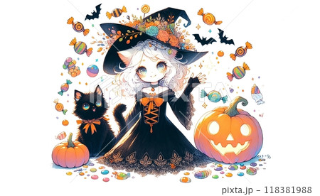 ハロウィンの魔女っ娘と黒猫とかぼちゃとキャンディのゴシック調