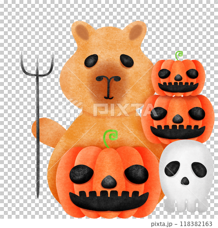 Capybara cartoon bear holding a pitchfork and pumpkin Capybara cartoon bear holding a pitchfork and pumpkin 118382163