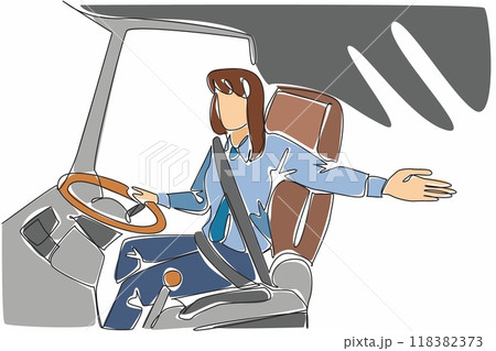 Single one line drawing the female driver kindly made a welcoming gesture. Please take a seat. The journey will begin soon. Transit Driver Appreciation Day. Continuous line design graphic illustration 118382373