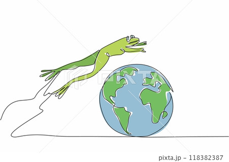 Continuous one line drawing a frog jumping on a globe. Active. Energetic. Insectivorous animals. Rain forest animalia. Green skin red eyes. World Frog Day. Single line draw design vector illustration 118382387