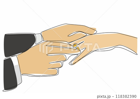 Single one line drawing a man is putting a ring on his partner's ring finger. Happy day. Proposing to the beloved woman. Engaged. National Proposal Day. Continuous line design graphic illustration Single one line drawing a man is putting a ring on his partner's ring finger. Happy day. Proposing to the beloved woman. Engaged. National Proposal Day. Continuous line design graphic illustration 118382390