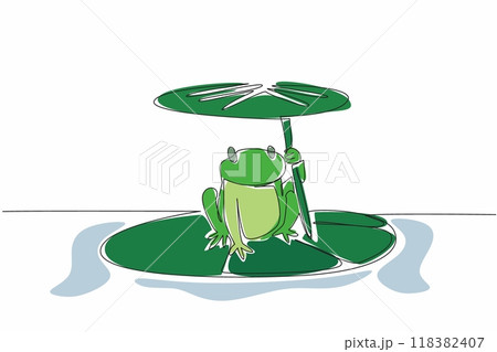 Continuous one line drawing the frog is perched on a lotus leaf while holding the lotus leaf. Relaxing after devouring many insects. Full. World Frog Day. Single line draw design vector illustration 118382407