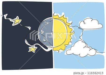 Single continuous line drawing half sun and half moon. Day and night have the same time. The duration of each is 12 hours. Astronomical phenomena. Spring Equinox. One line design vector illustration Single continuous line drawing half sun and half moon. Day and night have the same time. The duration of each is 12 hours. Astronomical phenomena. Spring Equinox. One line design vector illustration 118382413