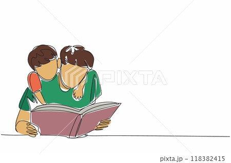 Single one line drawing a boy hugging his father from behind who is reading a book. Expressive. Expression of deep gratitude. International Read to Me Day. Continuous line design graphic illustration 118382415