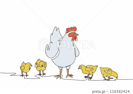 Single continuous line drawing a mother hen standing surrounded by her chicks. Open farming. Chickens are not easily stressed. Quality eggs. National Poultry Day. One line design vector illustration 118382424