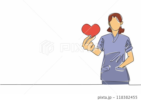Single continuous line drawing female nurse holding a small heart-shaped pillow. Sign. Symbol. A sincere expression of gratitude. Devotion. Certified Nurses Day. One line design vector illustration 118382455