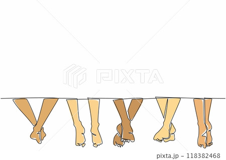 Single one line drawing five pairs of bare feet posing. Spending time together. Focus on telling the story. Cheerful. Sit back. National Shoe The World Day Continuous line design graphic illustration 118382468