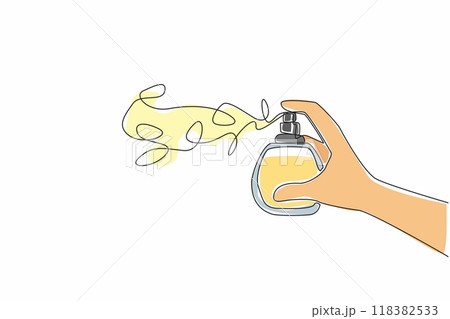 Single one line drawing hand spraying perfume bottle. Trying the latest perfume scent. A scent that can calm the mind. Fragrant. National Fragrance Day. Continuous line design graphic illustration 118382533