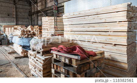 Warehouse with various types of timber 118382561