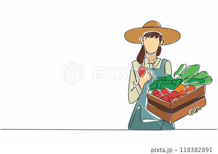 Single continuous line drawing female farmer carrying wooden box filled with vegetables. Tomatoes in hand. Looks very fresh and sweet. National Agriculture Day. One line design vector illustration Single continuous line drawing female farmer carrying wooden box filled with vegetables. Tomatoes in hand. Looks very fresh and sweet. National Agriculture Day. One line design vector illustration 118382891