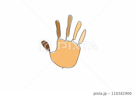 Single one line drawing colorful palm. Stop racism in the world. Everyone has same rights. International Day for the Elimination of Racial Discrimination. Continuous line design graphic illustration Single one line drawing colorful palm. Stop racism in the world. Everyone has same rights. International Day for the Elimination of Racial Discrimination. Continuous line design graphic illustration 118382900