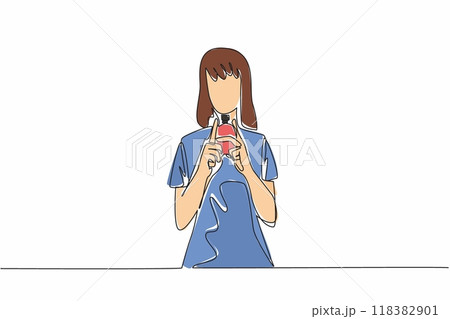 Single continuous line drawing woman holding perfume bottle with both hands. Amazing fragrance. Offer to try its uniqueness. Extraction. National Fragrance Day. One line design vector illustration 118382901
