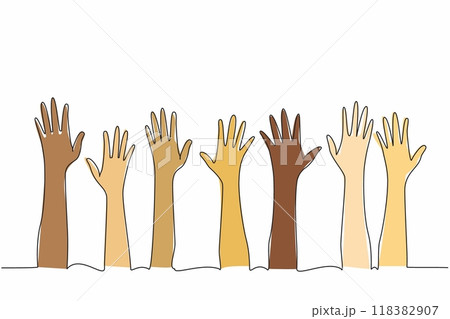 Continuous one line drawing seven colorful hands raise. Rejecting skin color discrimination. International Day for the Elimination of Racial Discrimination. Single line draw design vector illustration Continuous one line drawing seven colorful hands raise. Rejecting skin color discrimination. International Day for the Elimination of Racial Discrimination. Single line draw design vector illustration 118382907
