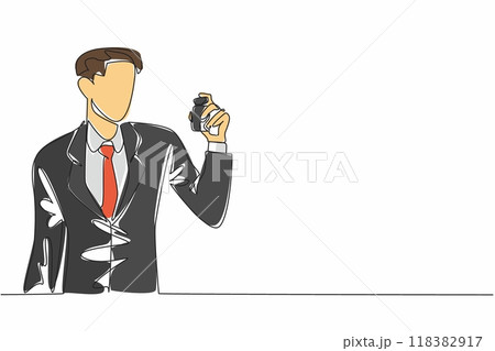 Continuous one line drawing man in suit holding perfume. Digital perfume ads. Aimed at young entrepreneurs. Masculine fragrance. National Fragrance Day. Single line draw design vector illustration 118382917