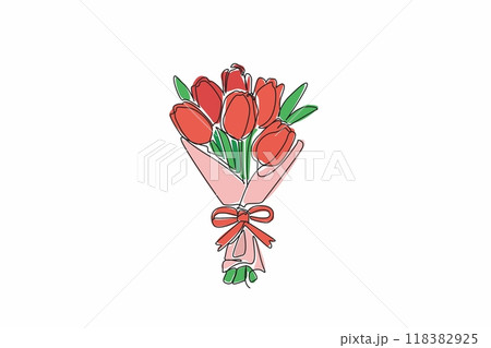 Continuous one line drawing bouquet of tulips. Celebrating mother's day with the favorite special flowers. Natural freshness. Fragrant. National Flower Day. Single line draw design vector illustration 118382925