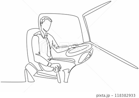 Continuous one line drawing male driver holding bus transmission. Ready to pick up passengers at various stops. Worker. Transit Driver Appreciation Day. Single line draw design vector illustration 118382933