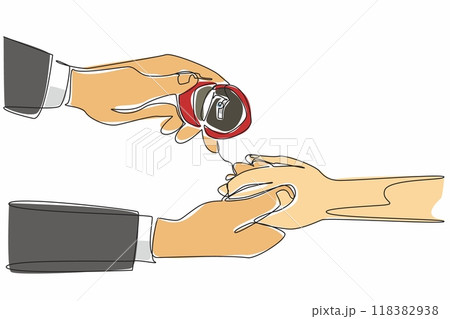 Single continuous line drawing man's hand holding open ring holder and also holding woman's hand. Romantic atmosphere. Asking to marry. National Proposal Day. One line design vector illustration Single continuous line drawing man's hand holding open ring holder and also holding woman's hand. Romantic atmosphere. Asking to marry. National Proposal Day. One line design vector illustration 118382938