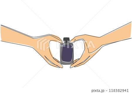 Continuous one line drawing the perfume hold in a heart-shaped hand. Fragrance maniac. Sandalwood scent lover. Masculine. Elegance. National Fragrance Day. Single line draw design vector illustration 118382941