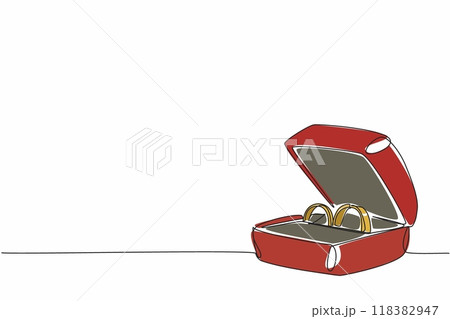 Continuous one line drawing open ring box containing two rings. Final preparation before the wedding party. A pair of diamond rings. National Proposal Day. Single line draw design vector illustration 118382947