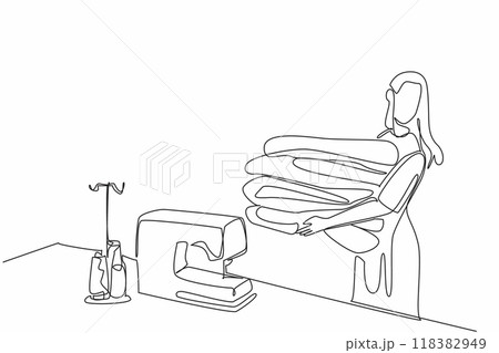Single continuous line drawing women carrying piles of colorful fabrics. Ready to be placed near the sewing machine. Getting creative. Craft. National Quilting Day. One line design vector illustration 118382949