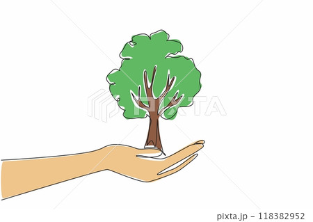 Single one line drawing open palm with big tree on top. There is no time to destroy forest. One big tree has many benefits. International Day of Forests. Continuous line design graphic illustration 118382952