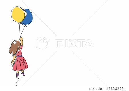 Single one line drawing girl holding blue and yellow balloons. Symbol of solidarity. Feel what they feel. Social sensitivity. World Down Syndrome Day. Continuous line design graphic illustration Single one line drawing girl holding blue and yellow balloons. Symbol of solidarity. Feel what they feel. Social sensitivity. World Down Syndrome Day. Continuous line design graphic illustration 118382954