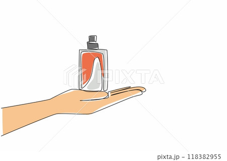 Single one line drawing perfume bottle placed on open palm. Men's perfume bottle. Not unisex shape. Man fragrance. Sporty. Cologne. National Fragrance Day. Continuous line design graphic illustration Single one line drawing perfume bottle placed on open palm. Men's perfume bottle. Not unisex shape. Man fragrance. Sporty. Cologne. National Fragrance Day. Continuous line design graphic illustration 118382955