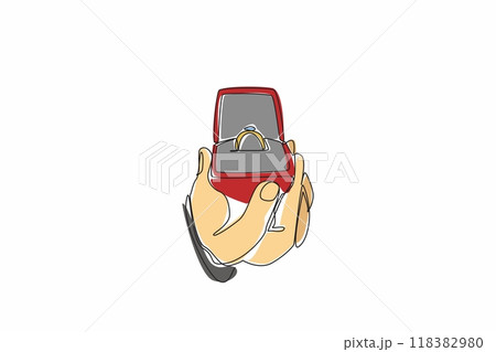 Single one line drawing man's hand holding a ring box containing a diamond ring. Concept of romantic wedding proposal. Engaged. National Proposal Day. Continuous line design graphic illustration 118382980