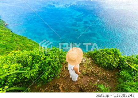 沖縄の海を見つめるリゾート旅の女性　顔無し　 118383243