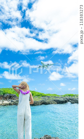 空港に降り立つ旅客機を見上げる女性ポートレート 空港に降り立つ旅客機を見上げる女性ポートレート 118383273