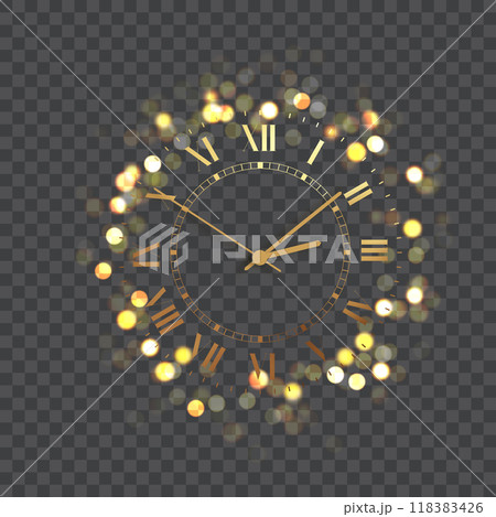 Golden clock with glowing bokeh lights on a transparent background. Vector Golden clock with glowing bokeh lights on a transparent background. Vector 118383426