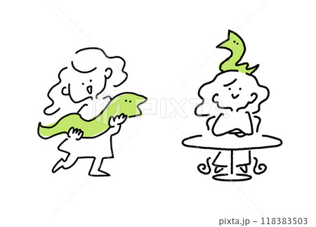 蛇を抱き抱える女の子　頭に乗せる　セット　年賀状素材 　手描き　線画 118383503