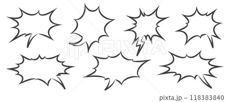 Comic and manga speech bubbles. Pop art outline frame for text. Vector box for dialog and messages. Chat shapes set of shock shout and scream actions. 118383840